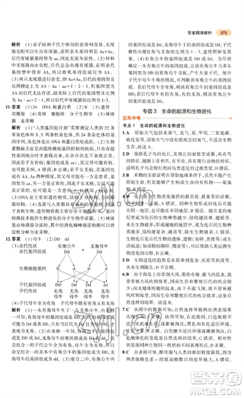 教育科學出版社2023年5年中考3年模擬九年級生物通用版參考答案