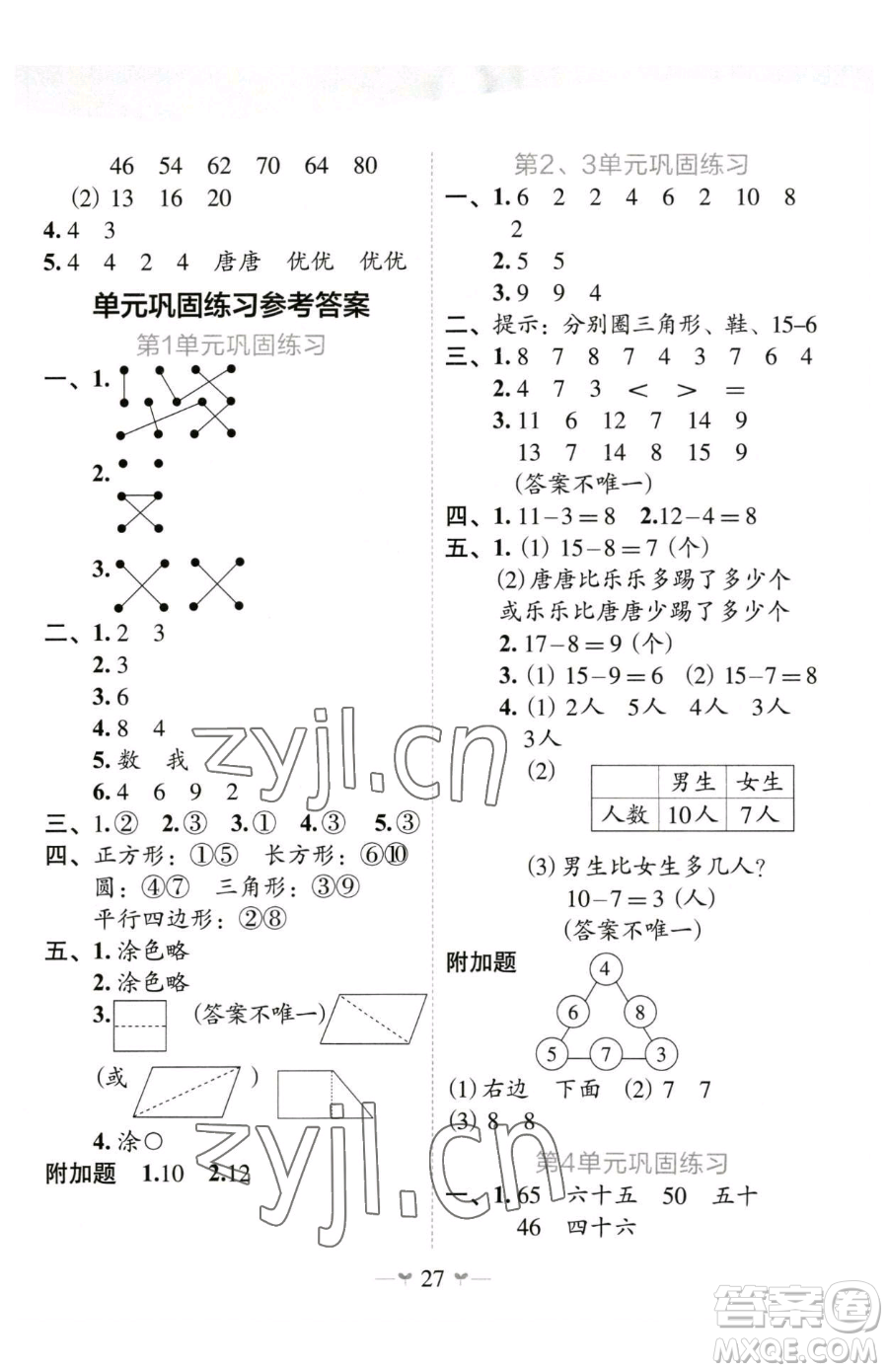 廣西師范大學(xué)出版社2023課堂小作業(yè)一年級(jí)下冊(cè)數(shù)學(xué)人教版參考答案