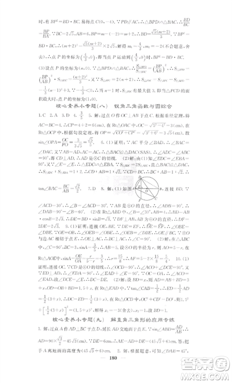 四川大學(xué)出版社2023課堂點睛九年級數(shù)學(xué)下冊人教版安徽專版參考答案