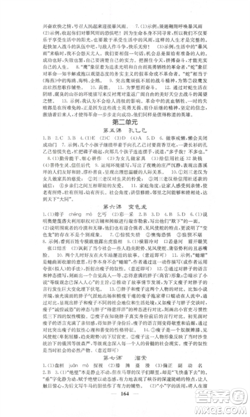 四川大學(xué)出版社2023課堂點(diǎn)睛九年級(jí)語文下冊(cè)人教版湖南專版參考答案