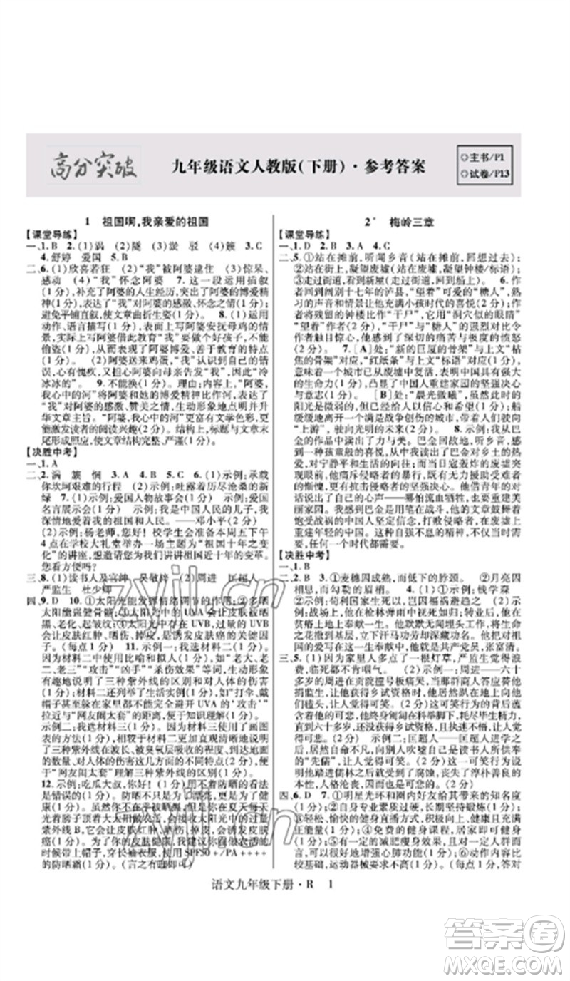 世界圖書出版公司2023高分突破課時達標講練測九年級語文下冊人教版參考答案