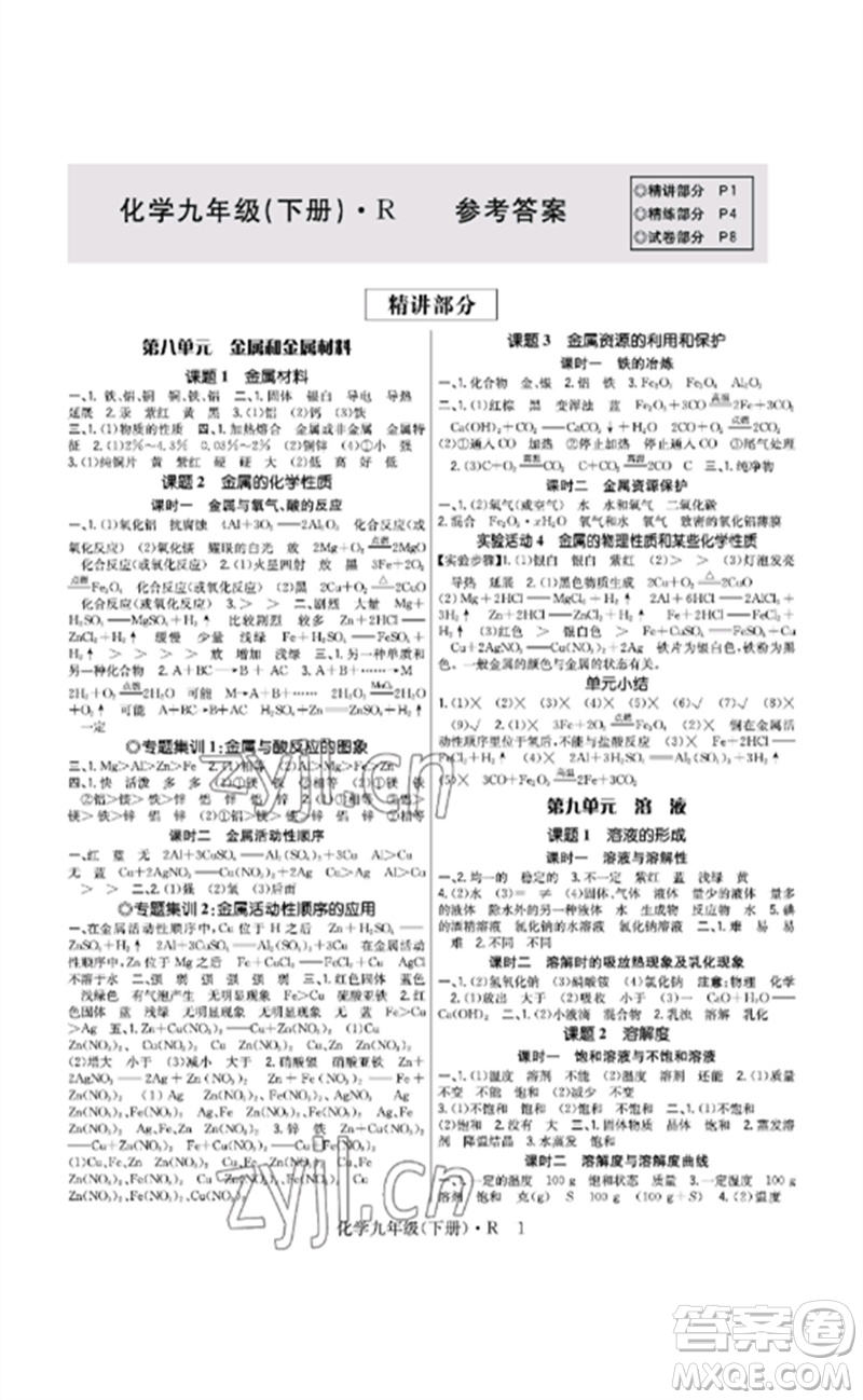 世界圖書出版公司2023高分突破課時(shí)達(dá)標(biāo)講練測(cè)九年級(jí)化學(xué)下冊(cè)人教版參考答案