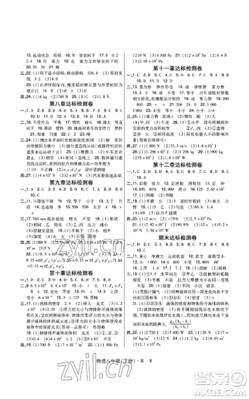 世界圖書出版公司2023高分突破課時(shí)達(dá)標(biāo)講練測(cè)八年級(jí)物理下冊(cè)人教版參考答案