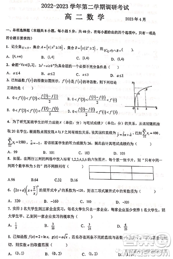 南京師范大學(xué)蘇州實(shí)驗(yàn)學(xué)校2022-2023學(xué)年高二下學(xué)期期中考試數(shù)學(xué)試卷答案