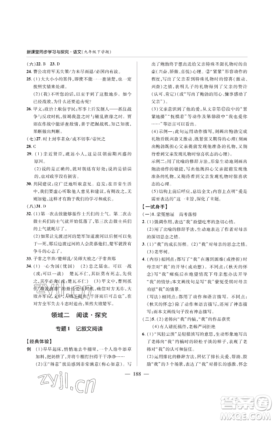 青島出版社2023新課堂同步學(xué)習(xí)與探究九年級下冊語文人教版金鄉(xiāng)專版參考答案