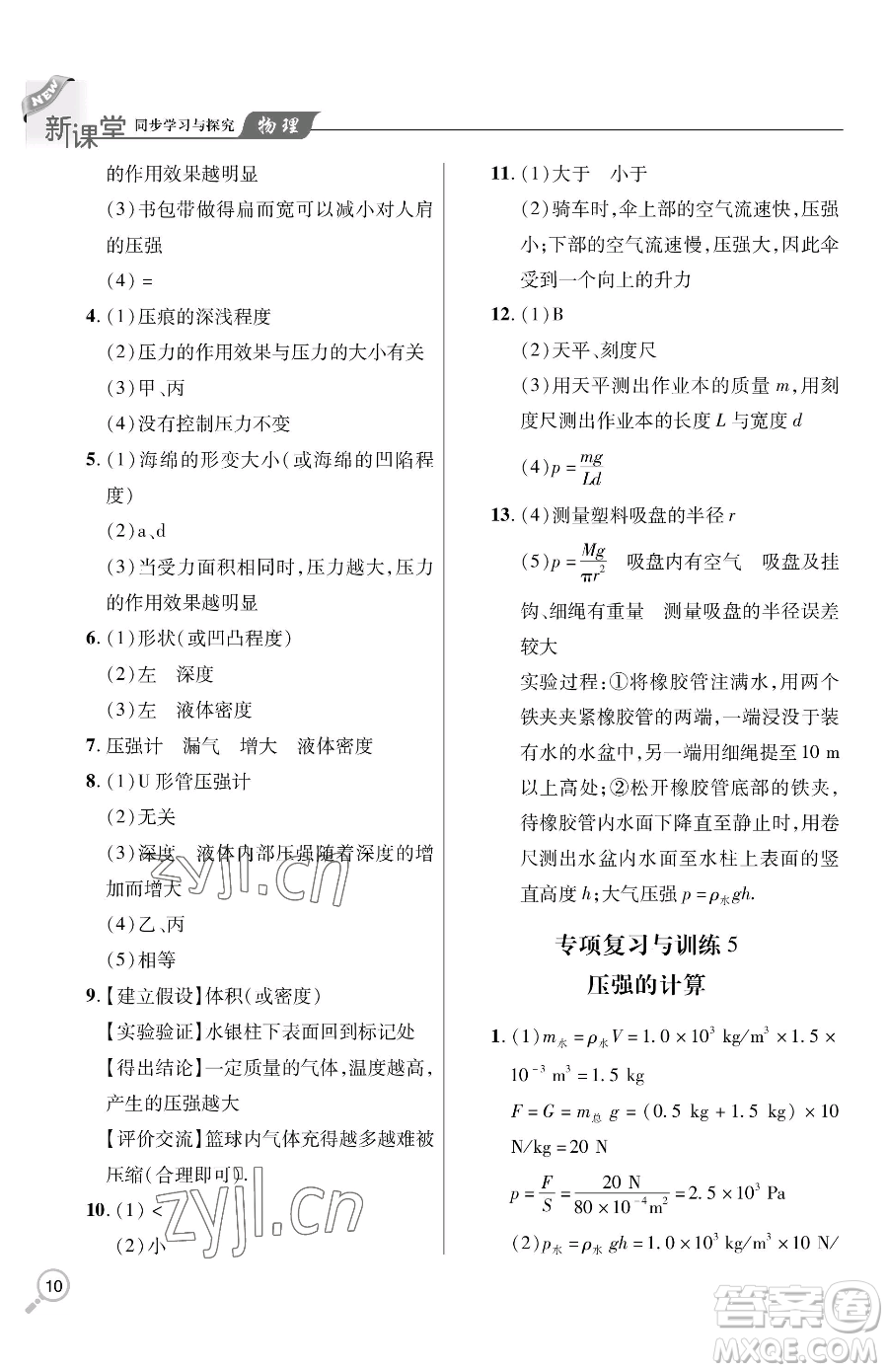 青島出版社2023新課堂同步學(xué)習(xí)與探究八年級(jí)下冊(cè)物理人教版金鄉(xiāng)專版參考答案