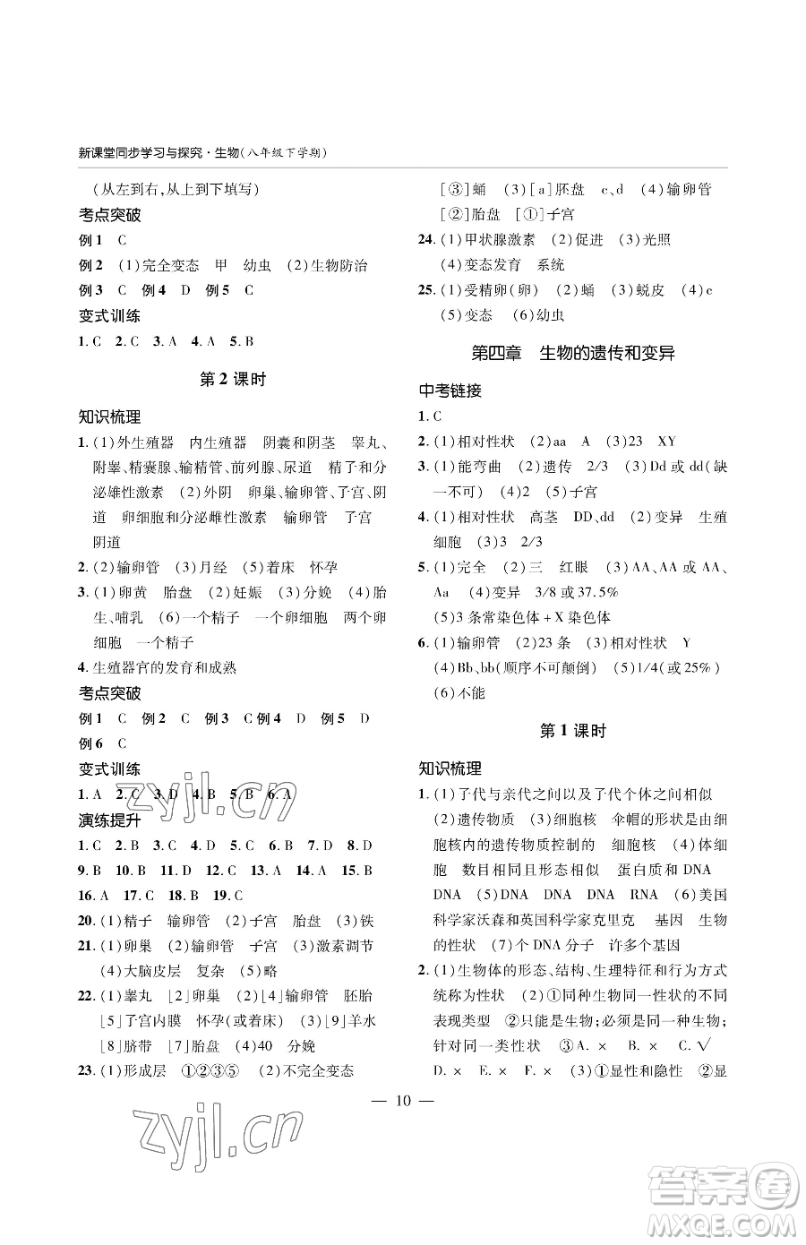 青島出版社2023新課堂同步學(xué)習(xí)與探究八年級下冊生物人教版金鄉(xiāng)專版參考答案