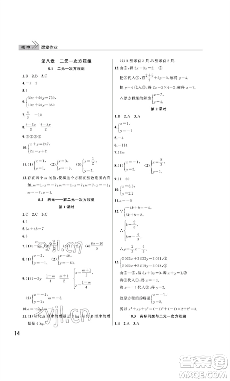 武漢出版社2023智慧學(xué)習(xí)天天向上課堂作業(yè)七年級(jí)數(shù)學(xué)下冊人教版參考答案