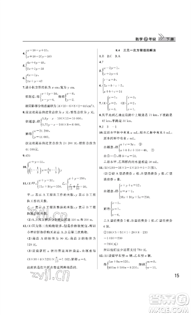 武漢出版社2023智慧學(xué)習(xí)天天向上課堂作業(yè)七年級(jí)數(shù)學(xué)下冊人教版參考答案