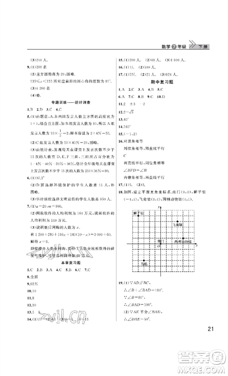 武漢出版社2023智慧學(xué)習(xí)天天向上課堂作業(yè)七年級(jí)數(shù)學(xué)下冊人教版參考答案