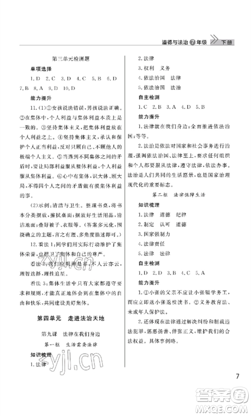 武漢出版社2023智慧學(xué)習(xí)天天向上課堂作業(yè)七年級(jí)道德與法治下冊(cè)人教版參考答案