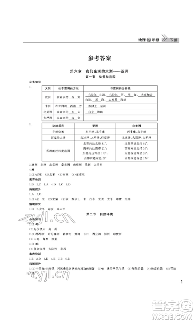 武漢出版社2023智慧學(xué)習(xí)天天向上課堂作業(yè)七年級地理下冊人教版參考答案