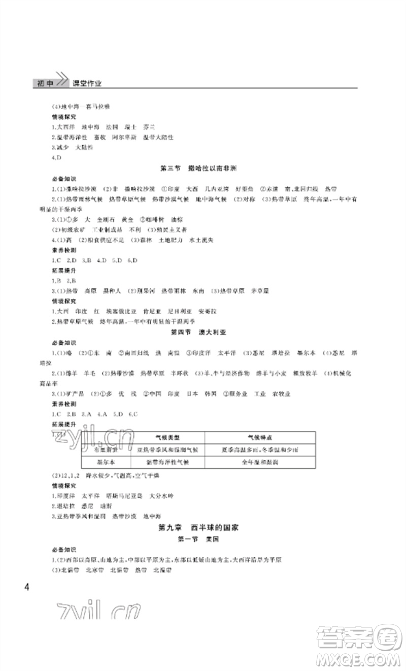 武漢出版社2023智慧學(xué)習(xí)天天向上課堂作業(yè)七年級地理下冊人教版參考答案