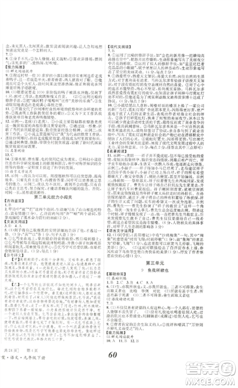 北京時代華文書局2023全效學(xué)習(xí)學(xué)業(yè)評價方案九年級語文下冊人教版參考答案