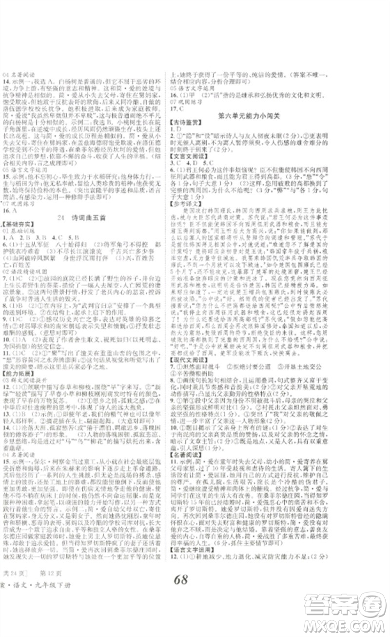 北京時代華文書局2023全效學(xué)習(xí)學(xué)業(yè)評價方案九年級語文下冊人教版參考答案