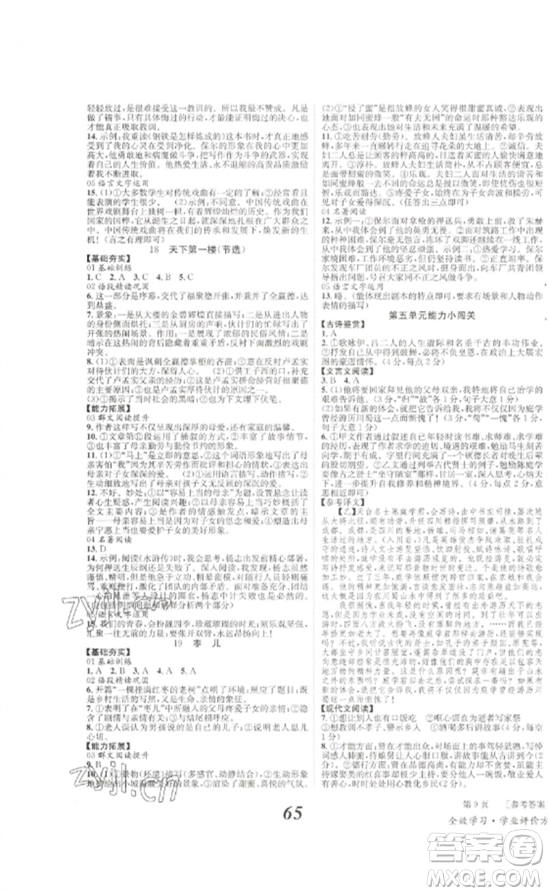 北京時代華文書局2023全效學(xué)習(xí)學(xué)業(yè)評價方案九年級語文下冊人教版參考答案