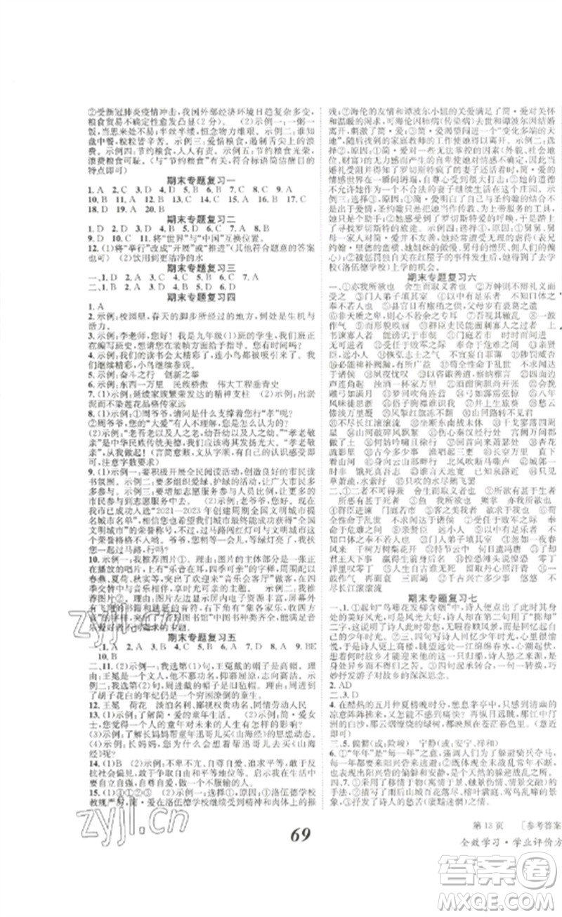 北京時代華文書局2023全效學(xué)習(xí)學(xué)業(yè)評價方案九年級語文下冊人教版參考答案