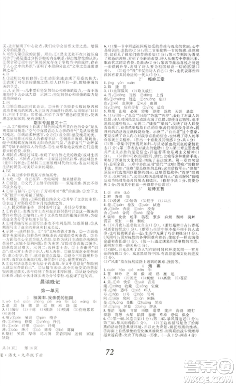 北京時代華文書局2023全效學(xué)習(xí)學(xué)業(yè)評價方案九年級語文下冊人教版參考答案