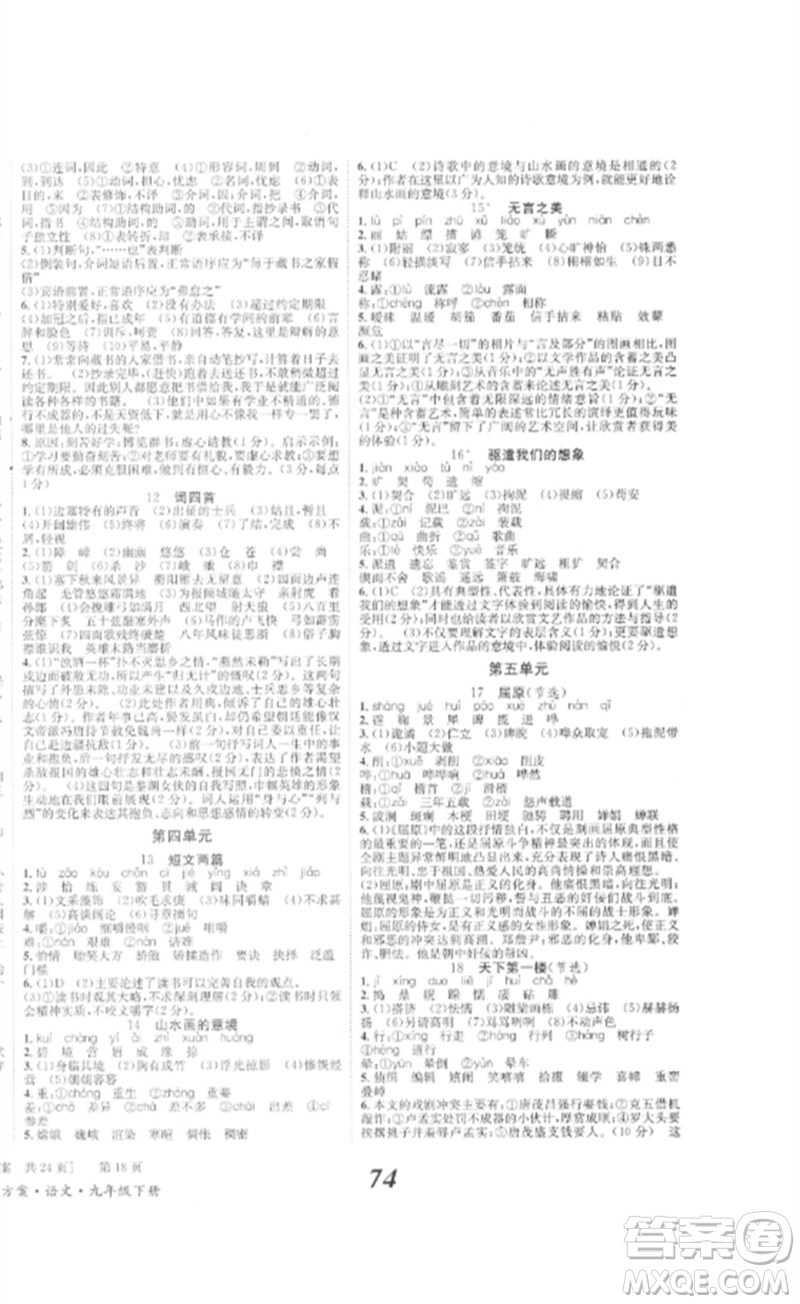 北京時代華文書局2023全效學(xué)習(xí)學(xué)業(yè)評價方案九年級語文下冊人教版參考答案