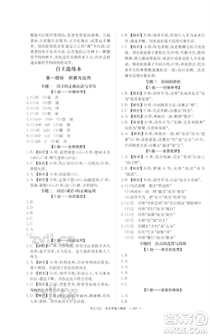 湖南師范大學出版社2023全效學習中考學練測九年級語文人教版郴州專版參考答案