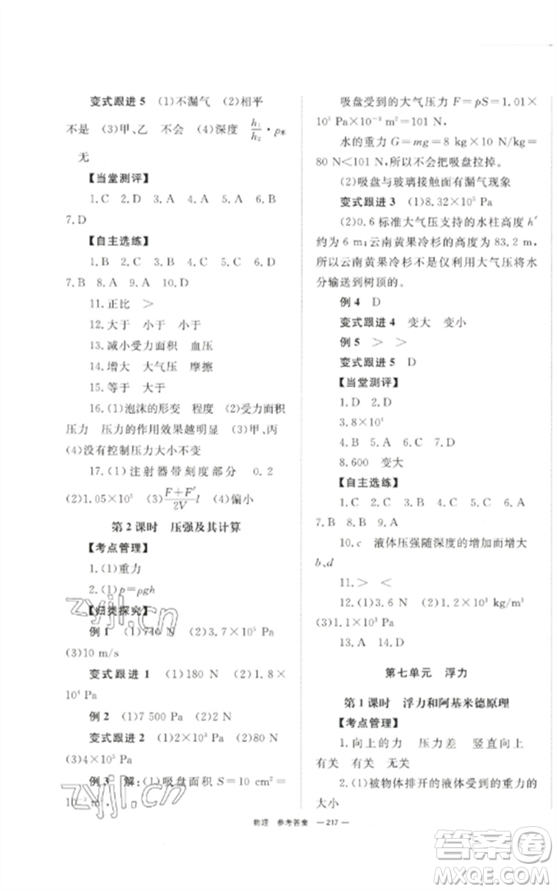 湖南師范大學(xué)出版社2023全效學(xué)習(xí)中考學(xué)練測九年級物理通用版參考答案