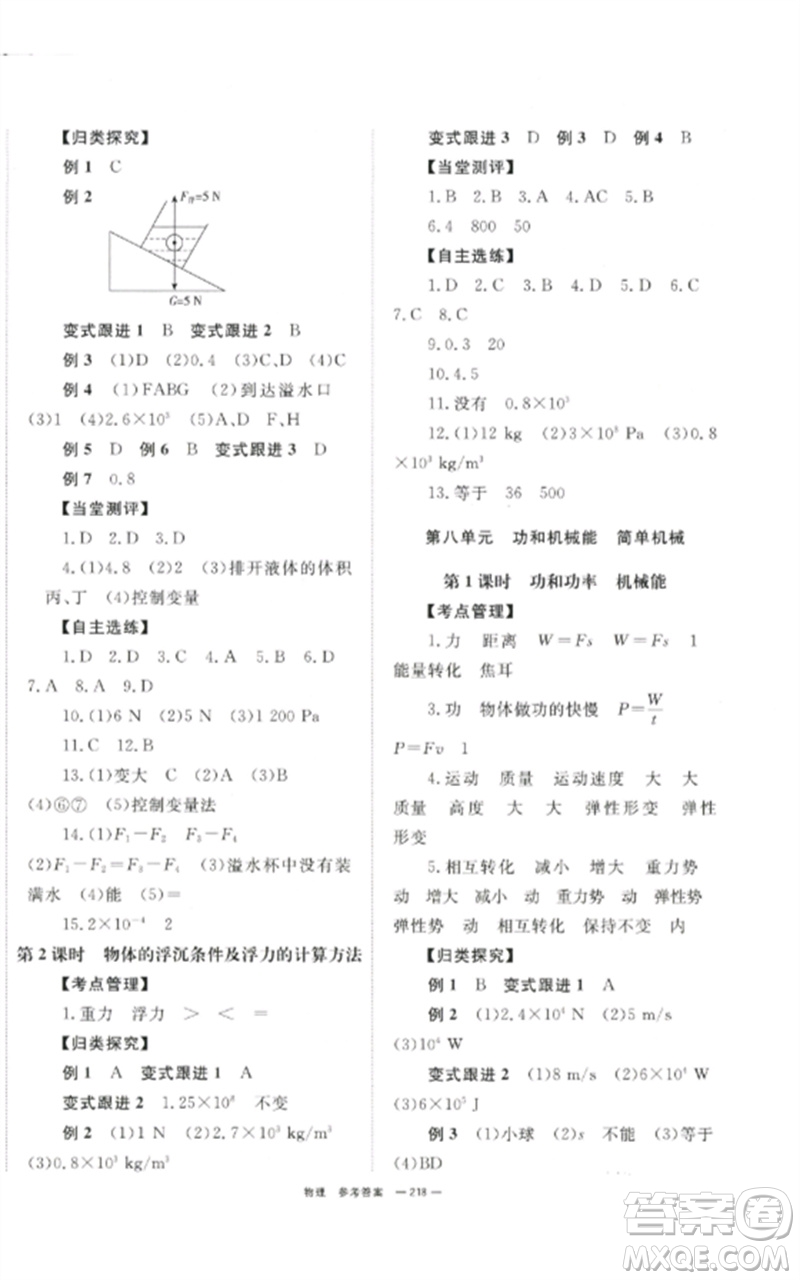 湖南師范大學(xué)出版社2023全效學(xué)習(xí)中考學(xué)練測九年級物理通用版參考答案