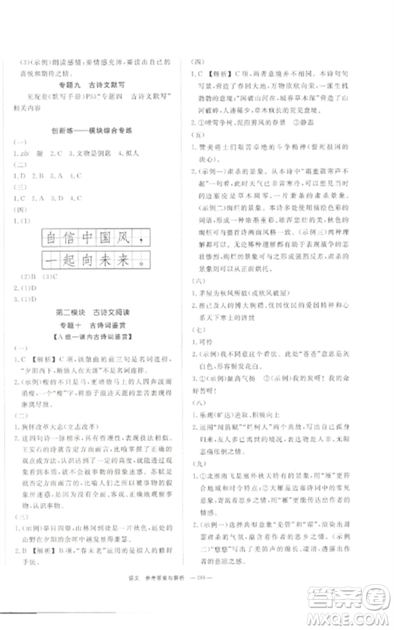 湖南師范大學出版社2023全效學習中考學練測九年級語文通用版參考答案