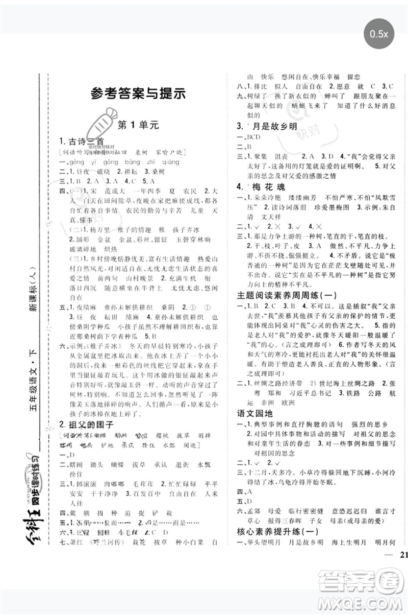 吉林人民出版社2023全科王同步課時(shí)練習(xí)五年級語文下冊人教版參考答案