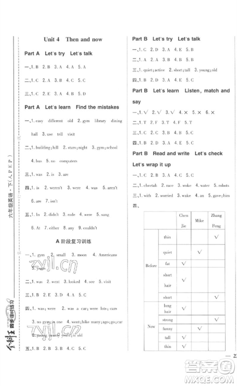 吉林人民出版社2023全科王同步課時(shí)練習(xí)六年級(jí)英語(yǔ)下冊(cè)人教PEP版參考答案