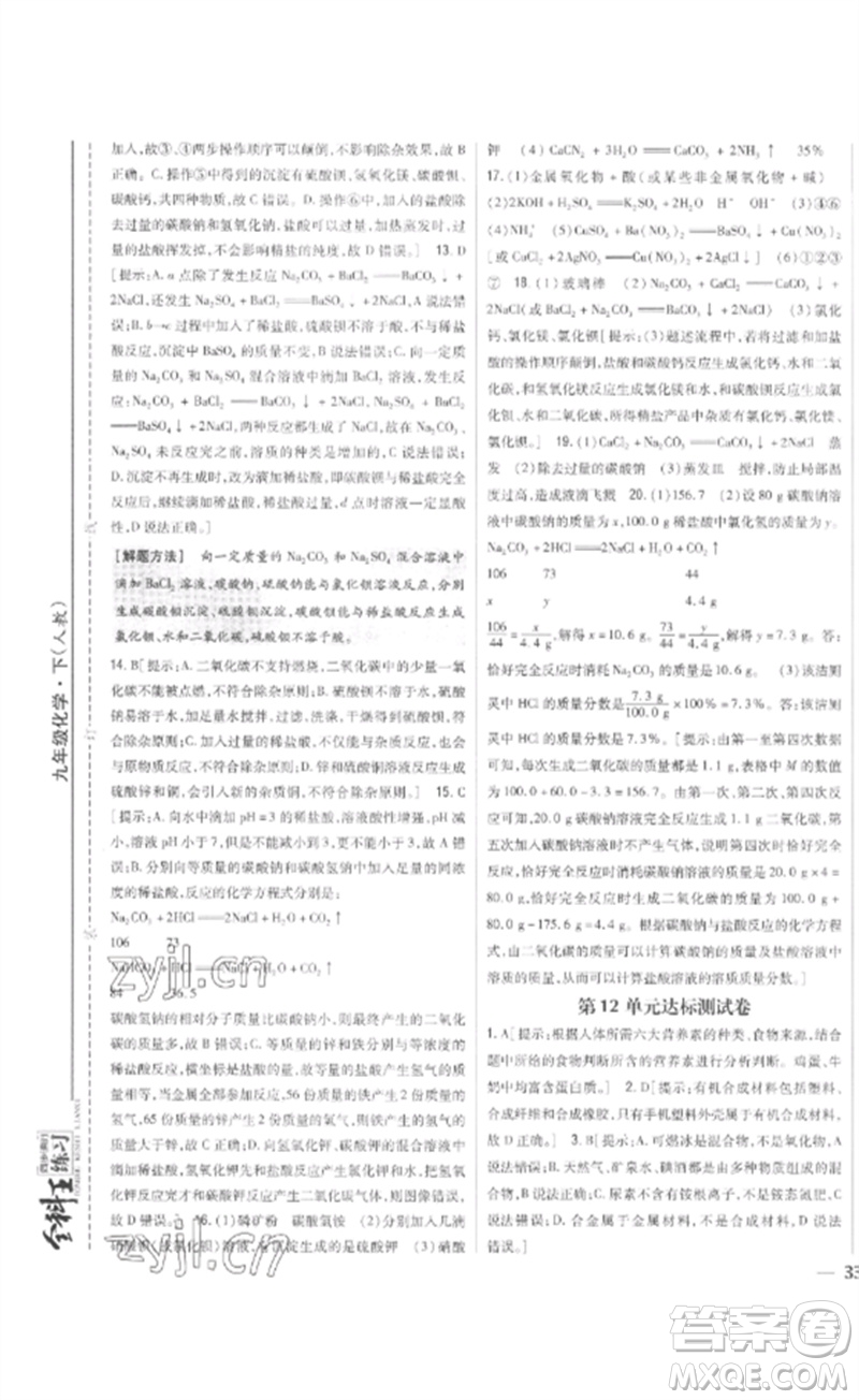 吉林人民出版社2023全科王同步課時(shí)練習(xí)九年級化學(xué)下冊人教版參考答案