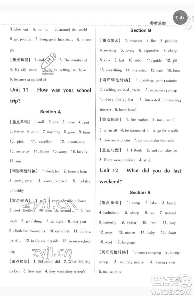 吉林人民出版社2023全科王同步課時練習(xí)七年級英語下冊人教版參考答案