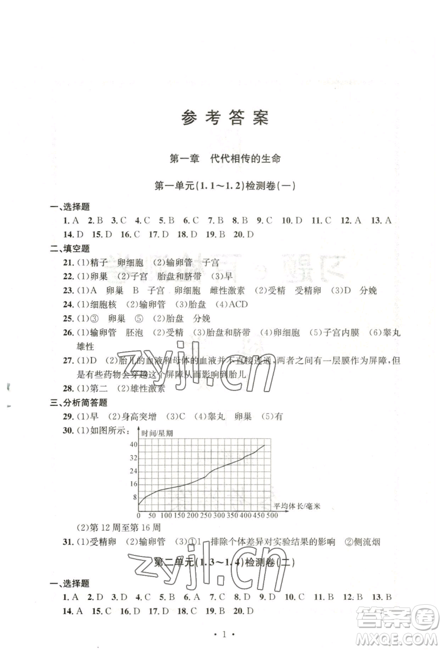 浙江工商大學(xué)出版社2023習(xí)題e百檢測(cè)卷七年級(jí)下冊(cè)科學(xué)浙教版參考答案