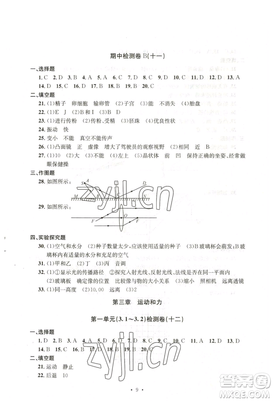 浙江工商大學(xué)出版社2023習(xí)題e百檢測(cè)卷七年級(jí)下冊(cè)科學(xué)浙教版參考答案