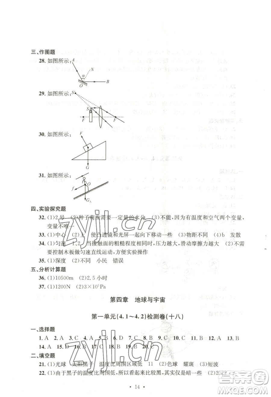 浙江工商大學(xué)出版社2023習(xí)題e百檢測(cè)卷七年級(jí)下冊(cè)科學(xué)浙教版參考答案