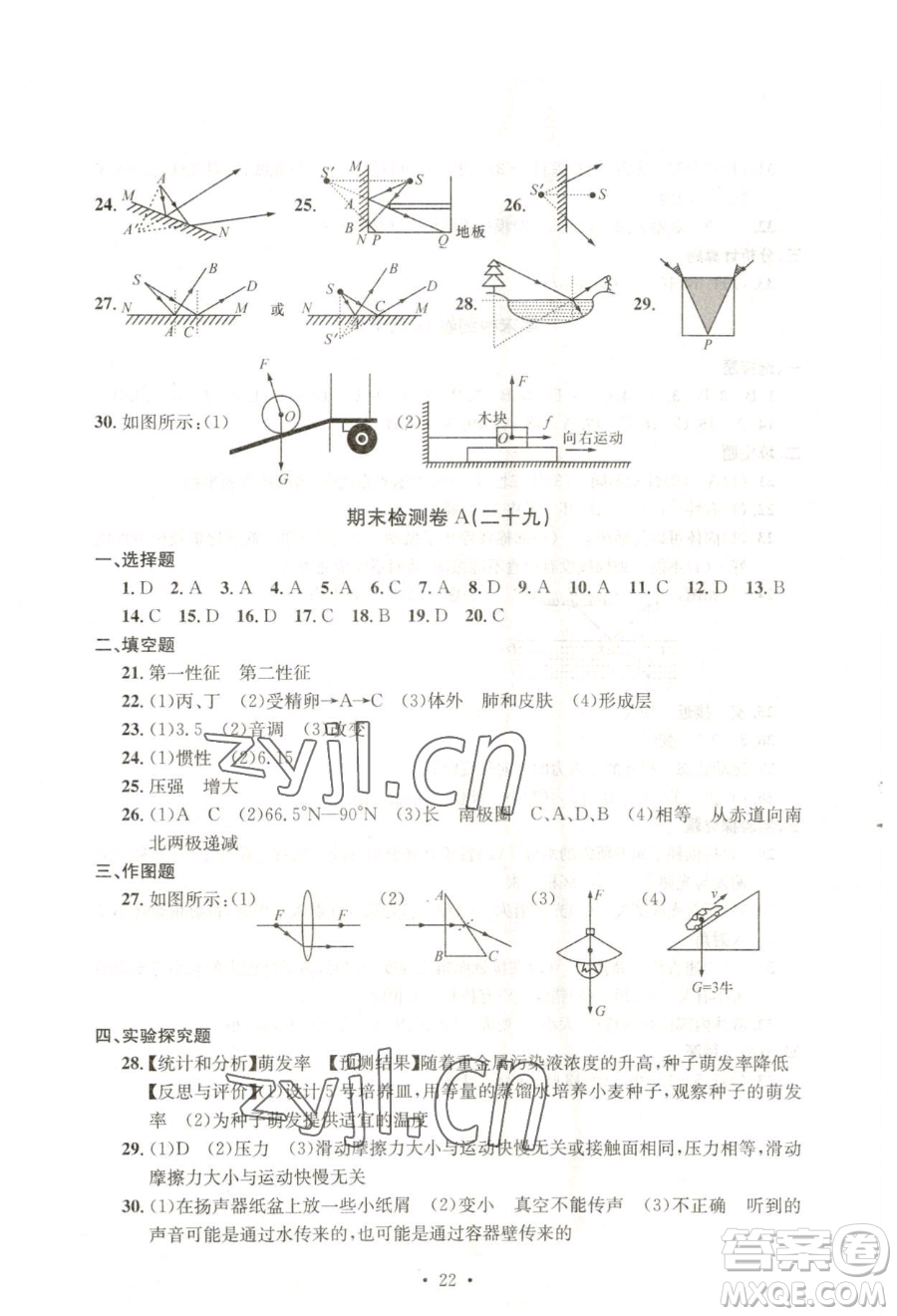 浙江工商大學(xué)出版社2023習(xí)題e百檢測(cè)卷七年級(jí)下冊(cè)科學(xué)浙教版參考答案