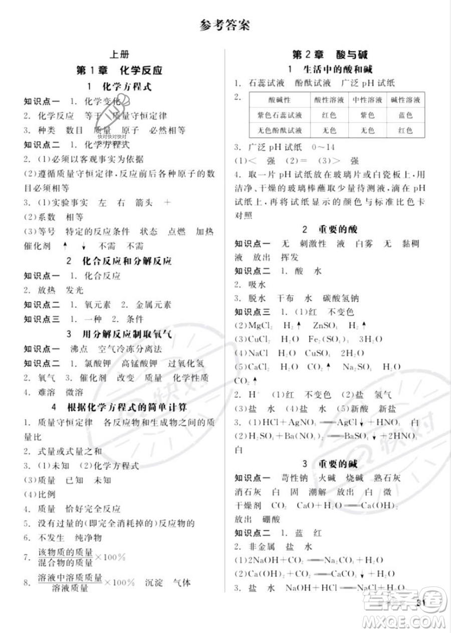 陽(yáng)光出版社2023全品作業(yè)本九年級(jí)下冊(cè)科學(xué)華師版參考答案