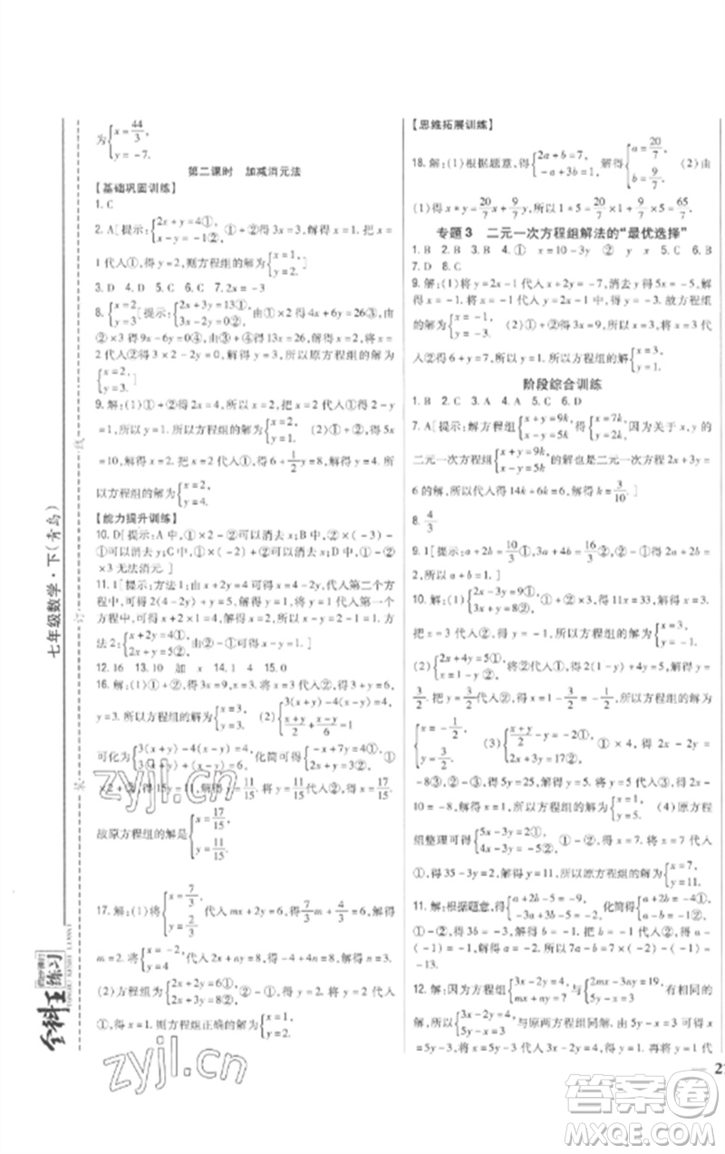 吉林人民出版社2023全科王同步課時練習(xí)七年級數(shù)學(xué)下冊青島版參考答案