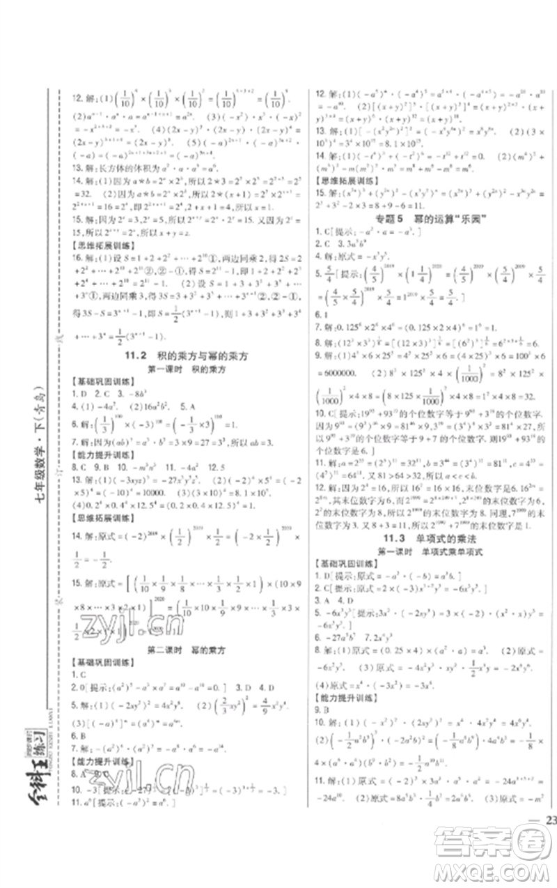 吉林人民出版社2023全科王同步課時練習(xí)七年級數(shù)學(xué)下冊青島版參考答案