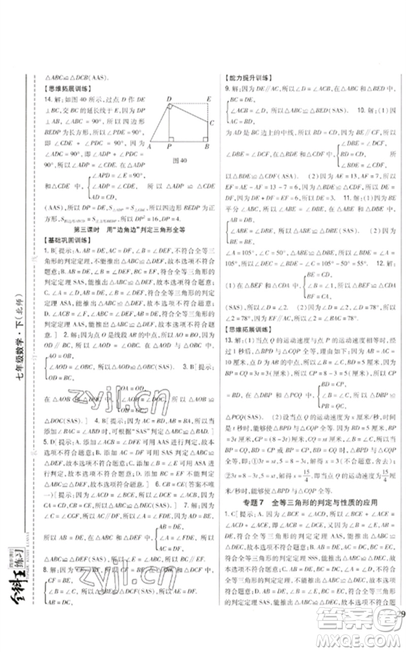 吉林人民出版社2023全科王同步課時(shí)練習(xí)七年級(jí)數(shù)學(xué)下冊(cè)北師大版參考答案