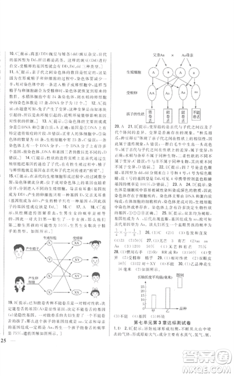 吉林人民出版社2023全科王同步課時練習八年級生物下冊人教版參考答案