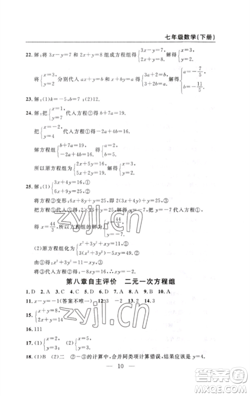 長江少年兒童出版社2023智慧課堂自主評(píng)價(jià)七年級(jí)數(shù)學(xué)下冊人教版十堰專版參考答案