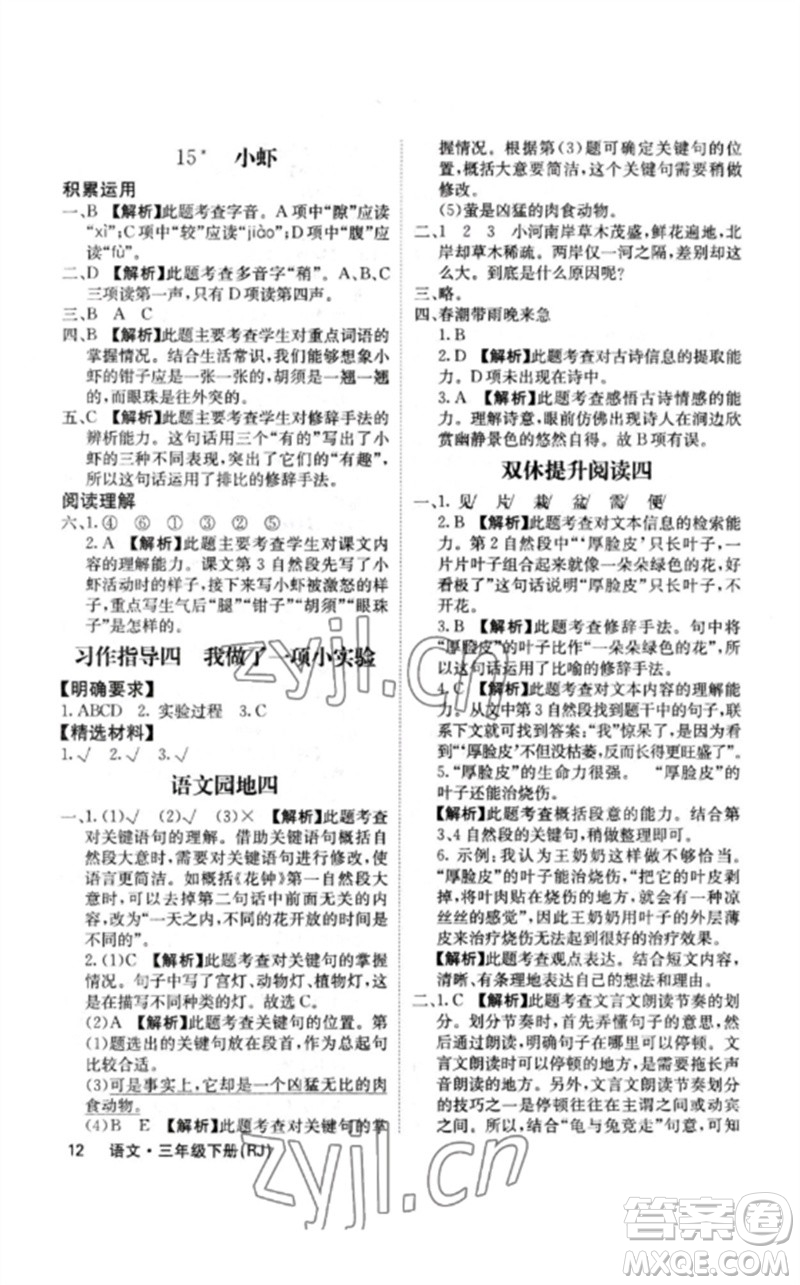 沈陽出版社2023課堂點睛三年級語文下冊人教版福建專版參考答案