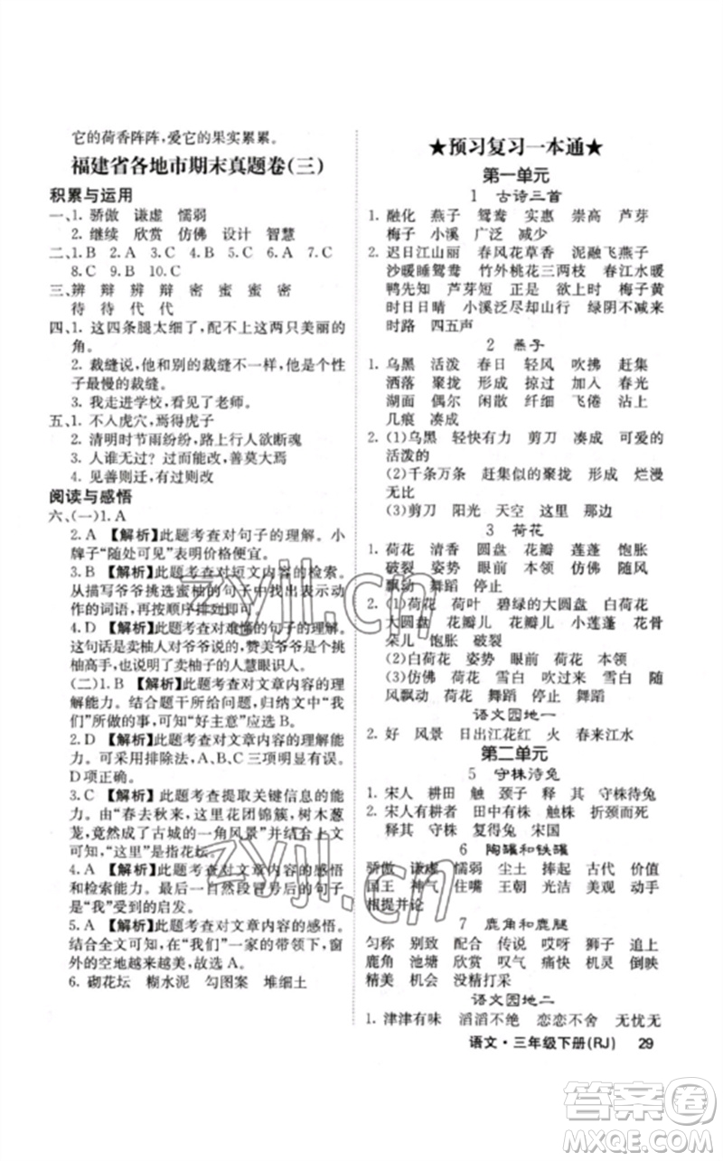 沈陽出版社2023課堂點睛三年級語文下冊人教版福建專版參考答案