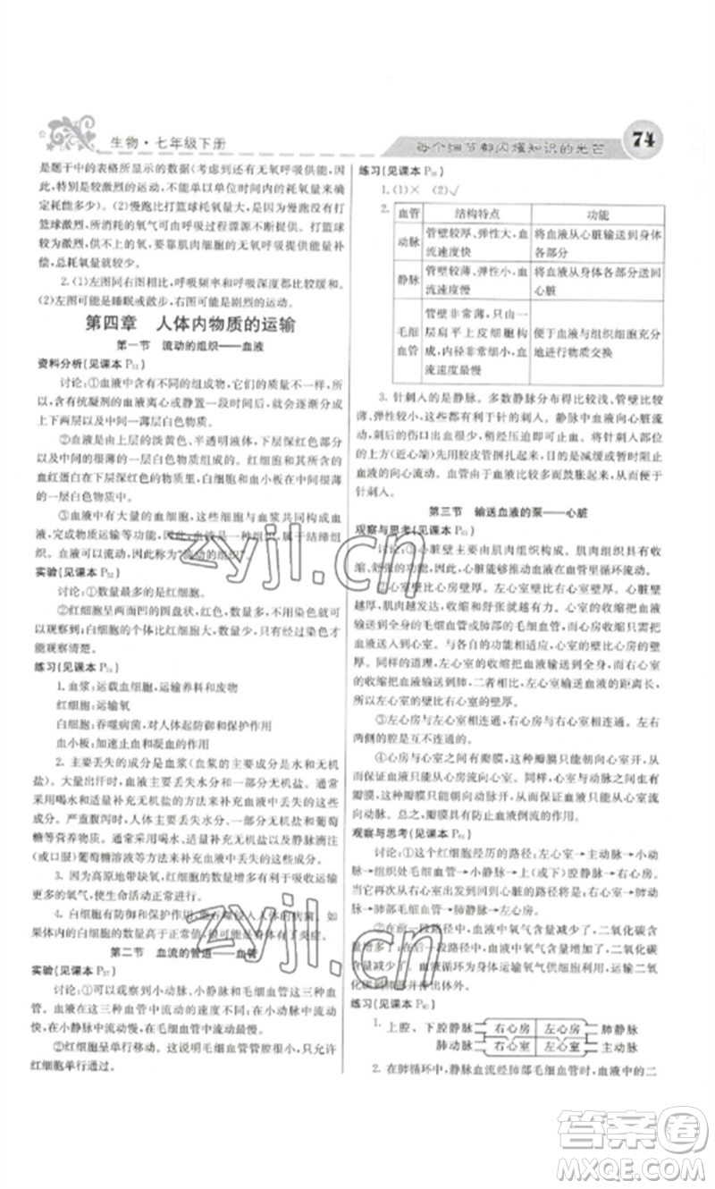 四川大學(xué)出版社2023課堂點睛七年級生物下冊人教版參考答案