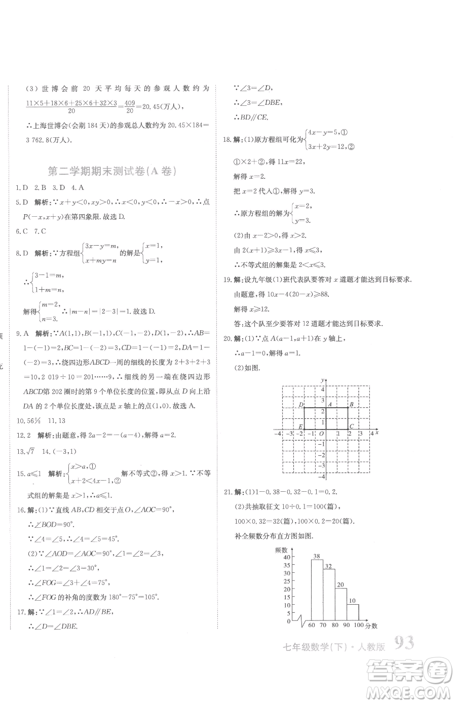 北京教育出版社2023提分教練優(yōu)學(xué)導(dǎo)練測七年級下冊數(shù)學(xué)人教版參考答案