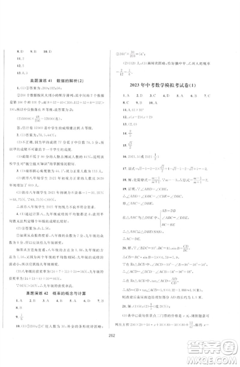 延邊大學(xué)出版社2023中考先鋒中考總復(fù)習(xí)九年級(jí)數(shù)學(xué)通用版參考答案