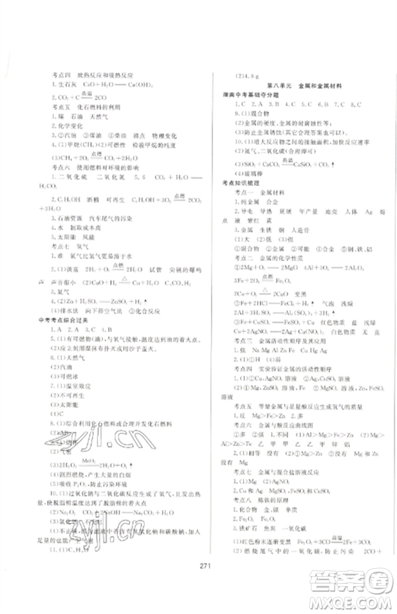 延邊大學出版社2023中考先鋒中考總復習九年級化學通用版參考答案