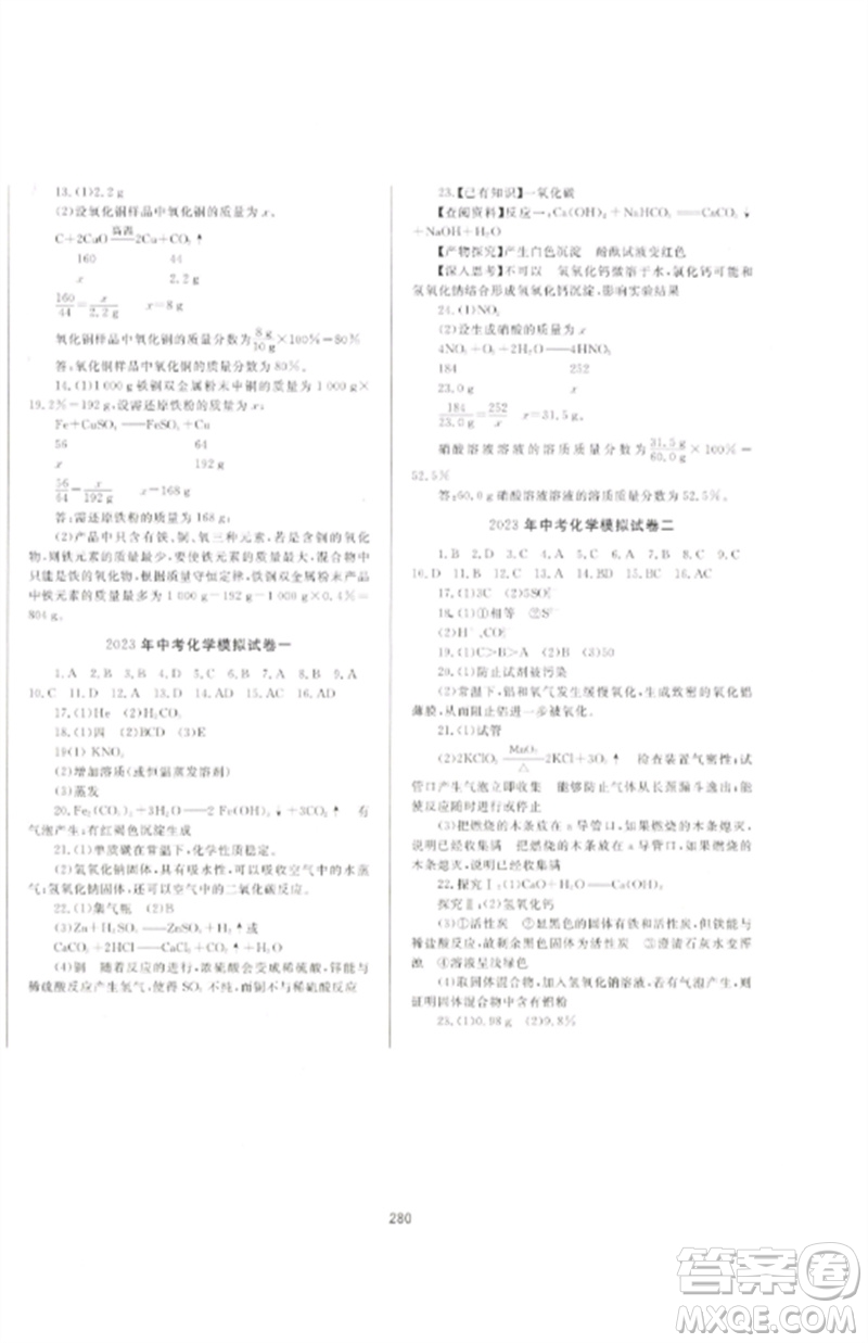 延邊大學出版社2023中考先鋒中考總復習九年級化學通用版參考答案