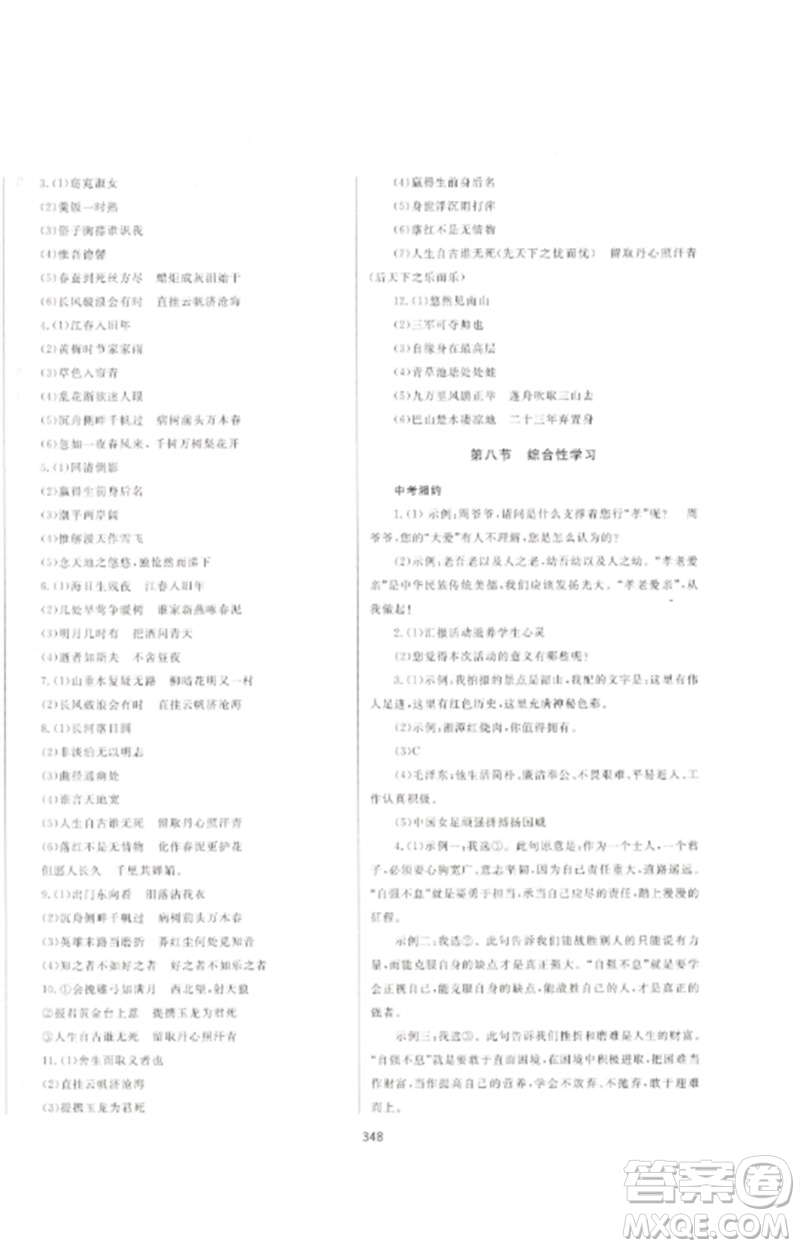 延邊大學(xué)出版社2023中考先鋒中考總復(fù)習(xí)九年級語文通用版參考答案