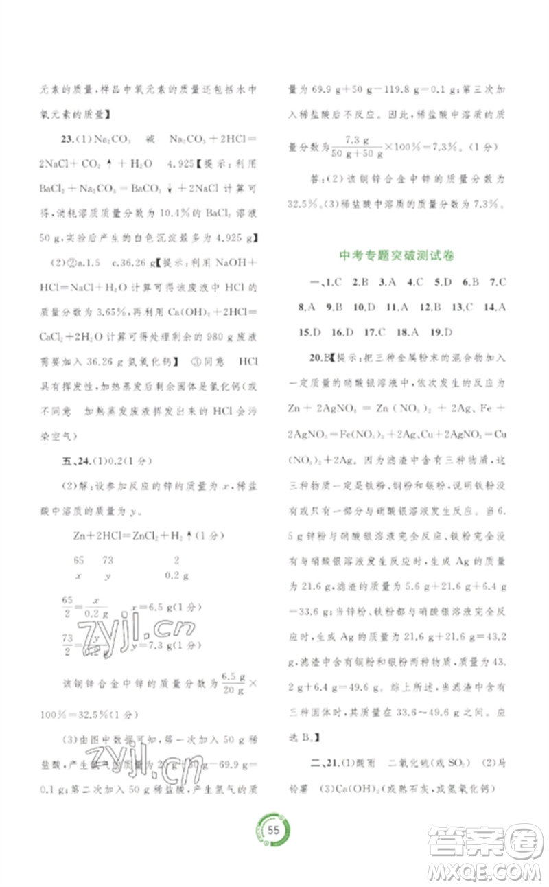 廣西師范大學(xué)出版社2023中考先鋒中考總復(fù)習(xí)配套測(cè)試卷九年級(jí)化學(xué)A版人教版參考答案